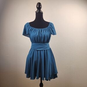 ExLura Blue Short Sleeve Fit & Flare Mini Dress Tunic L Open Back Bow Tie BOHO